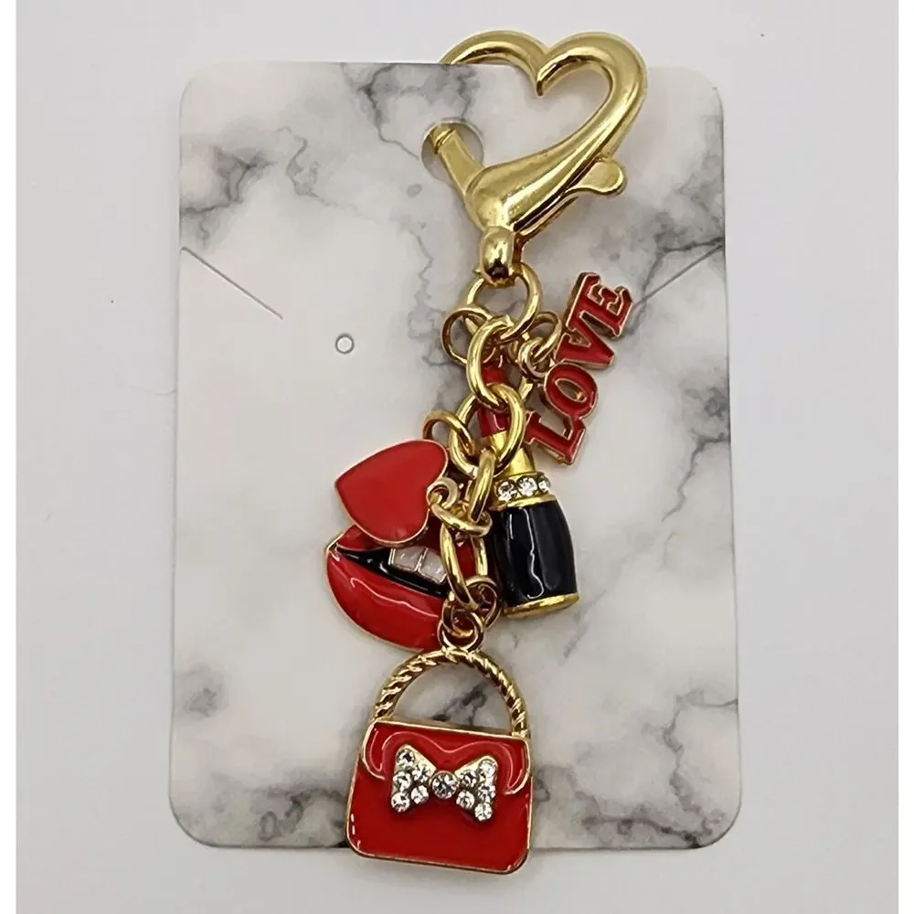 Red Enamel Bag Charm Keychain Lips Handbag Lipstick Love Rhinestones